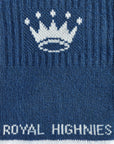 Blue sock with white crown design and 'Royal Highnies' text