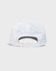 White baseball cap shown from the back, featuring a curved snapback strap and ventilation eyelets, set against a light gray background.