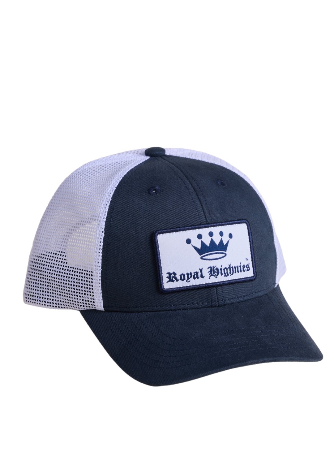 Navy blue and white cap with 'Royal Highness' logo on a white background