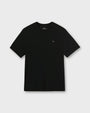 A black short-sleeve crewneck t-shirt with a small embroidered logo on the left chest, displayed flat against a light gray background.