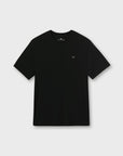 A black short-sleeve crewneck t-shirt with a small embroidered logo on the left chest, displayed flat against a light gray background.