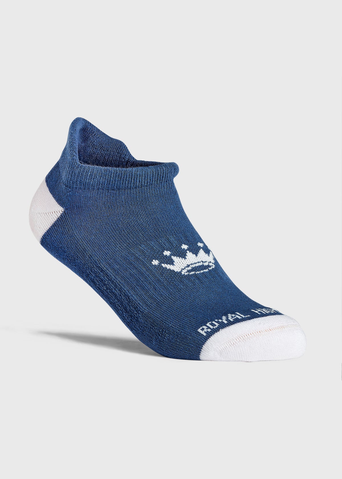 A single low-cut ankle sock in blue with white accents on the toe and heel, featuring a white crown logo