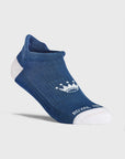 A single low-cut ankle sock in blue with white accents on the toe and heel, featuring a white crown logo