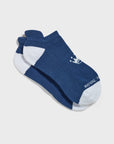 A pair of low-cut navy blue and white athletic socks with a small white crown logo