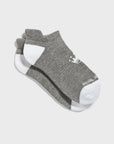 A pair of low-cut ankle socks in gray with white toes, heels, and cuffs, featuring a small white crown logo, displayed on a light gray background.