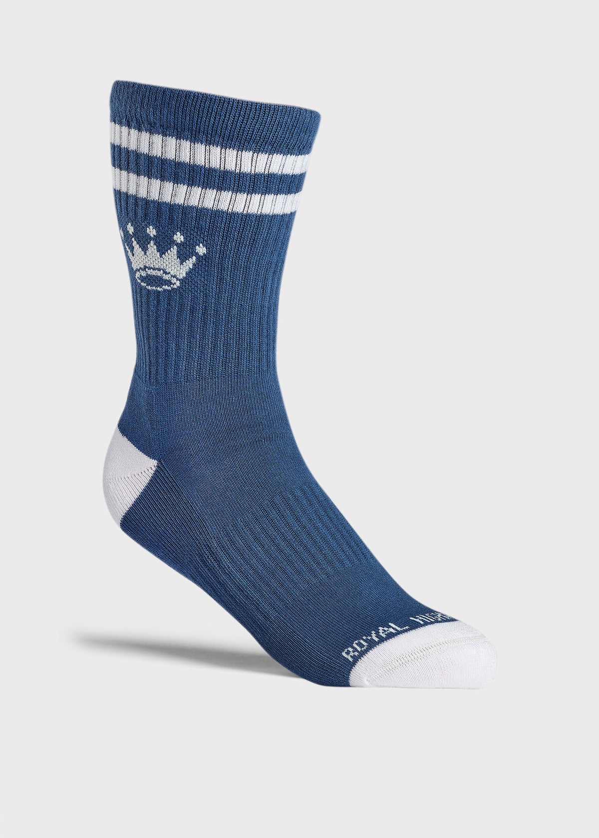A single blue crew sock with white stripes, a white crown logo.