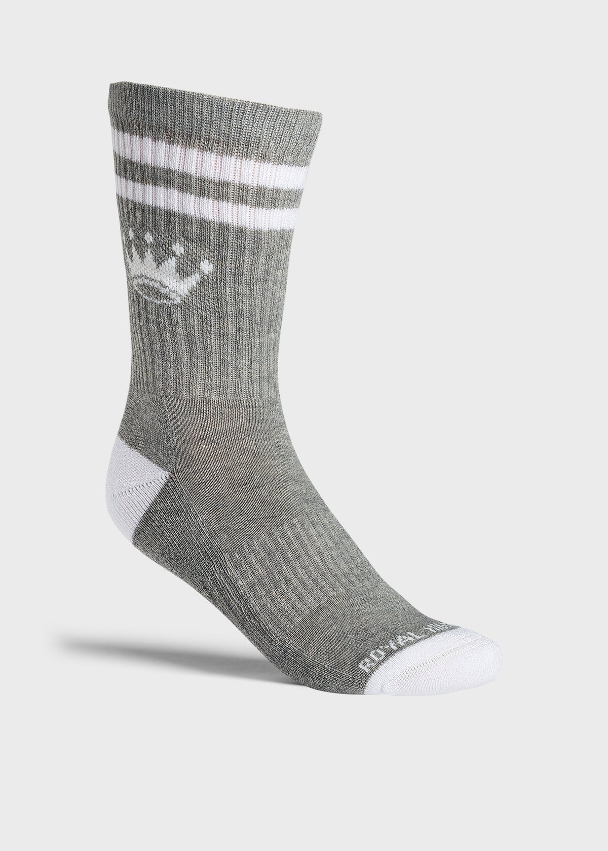 A single gray crew sock with white stripes, a white crown logo.
