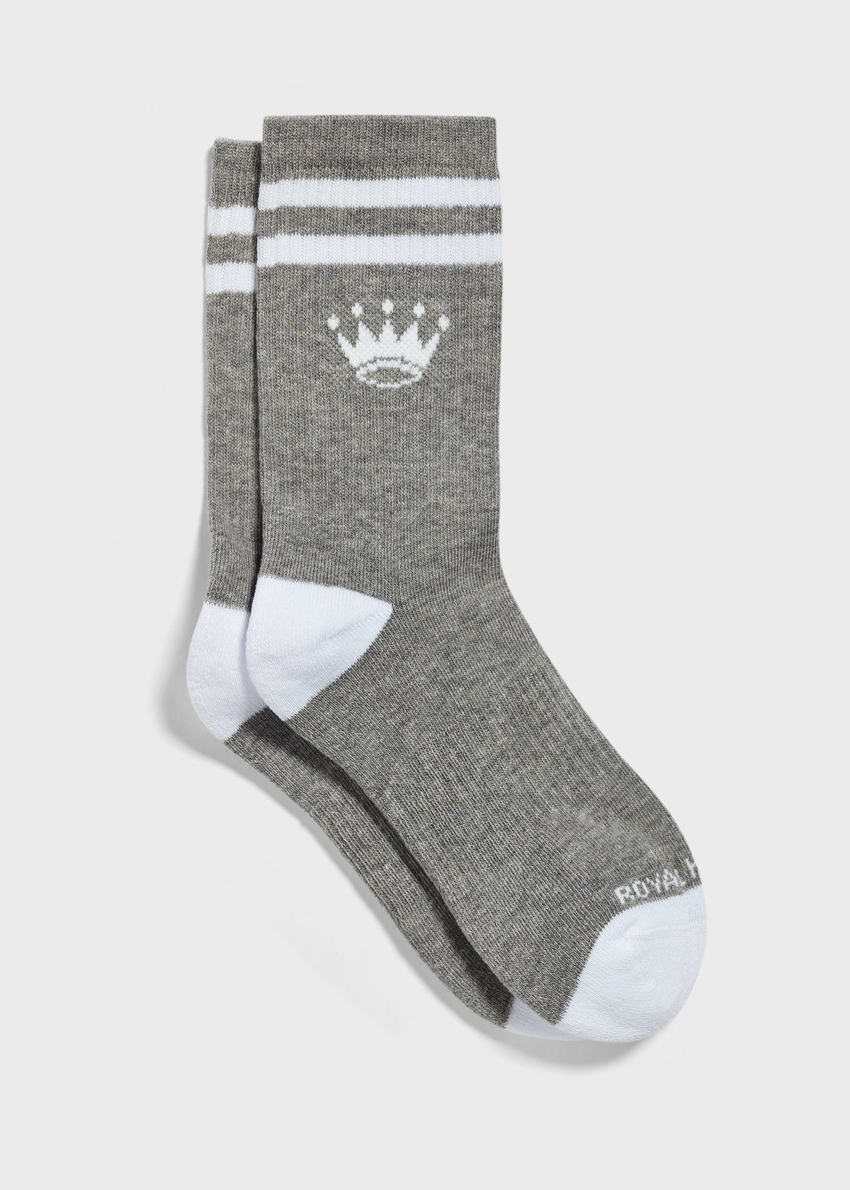 A pair of gray crew socks with white stripes near the top, a white crown logo, and white toe and heel sections.