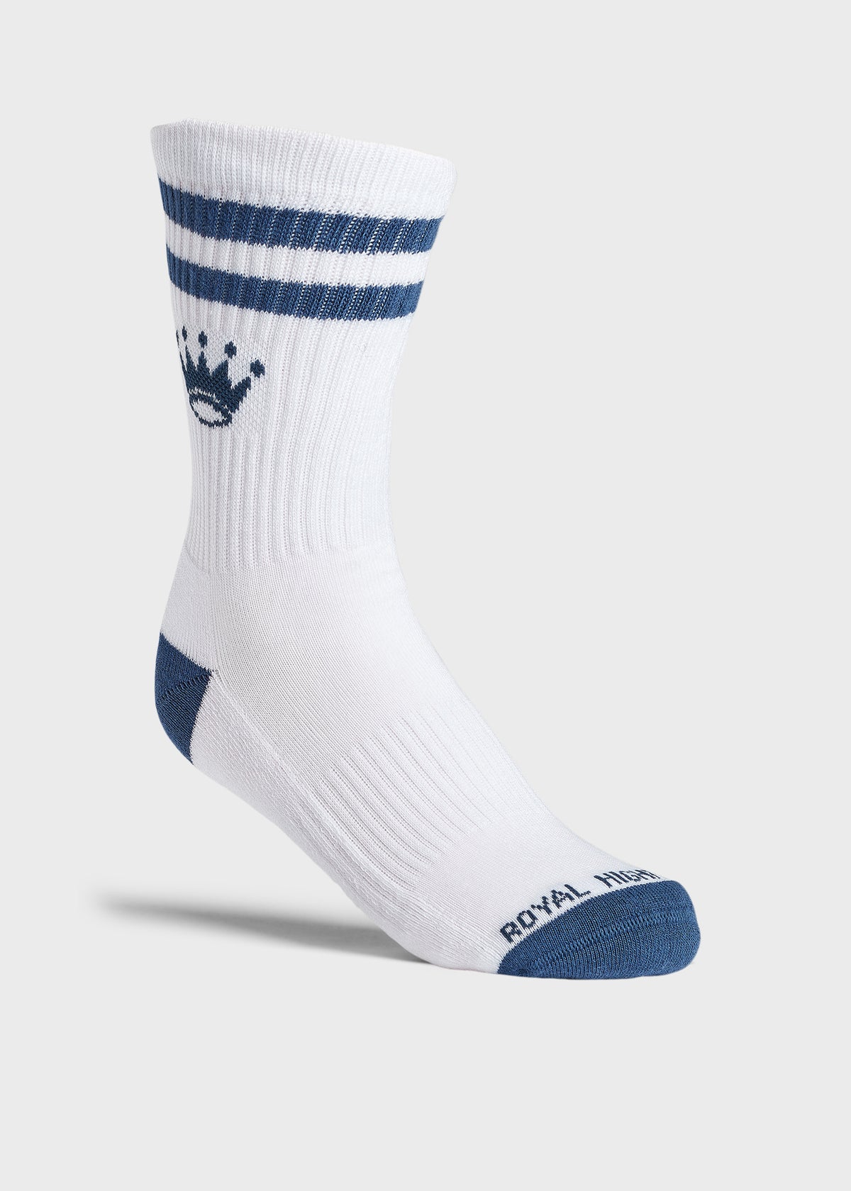 A single white crew sock with navy stripes and navy crown logo.