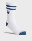 A single white crew sock with navy stripes and navy crown logo.