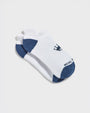 A pair of low-cut white athletic socks with navy blue heels, toes, and cuffs, displayed on a light gray background.