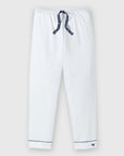 White lounge pants with a navy blue drawstring featuring white lettering, and navy blue piping details on the cuffs, shown against a light gray background.